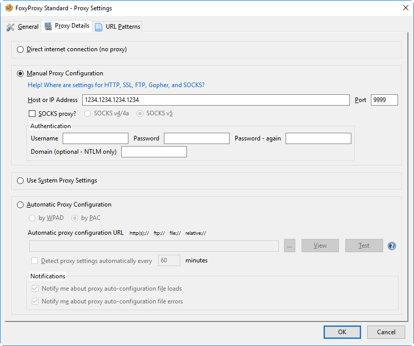 Browser proxy configuration example