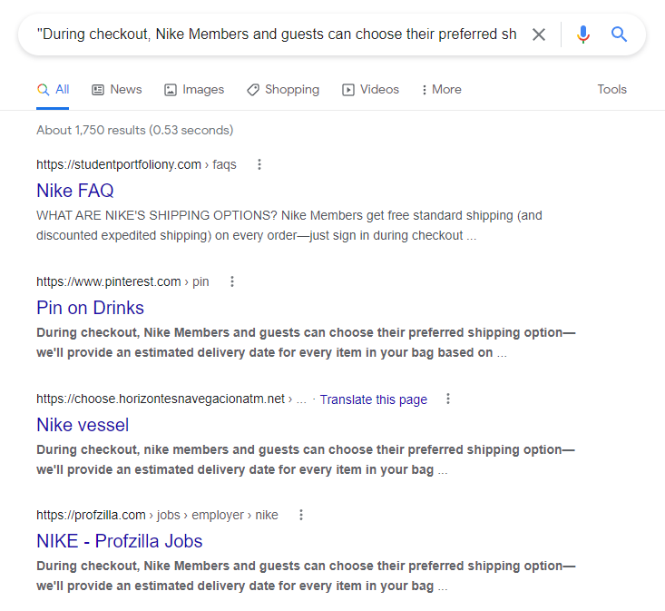 Google Search Results showing Nike not ranking for an exact search.