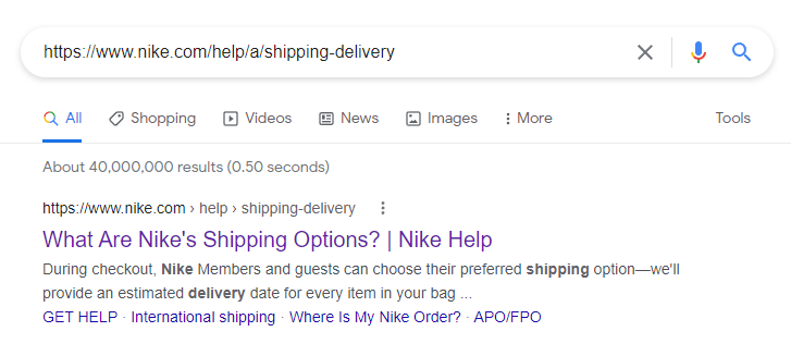 Google Search Results showing Nike URL ranking