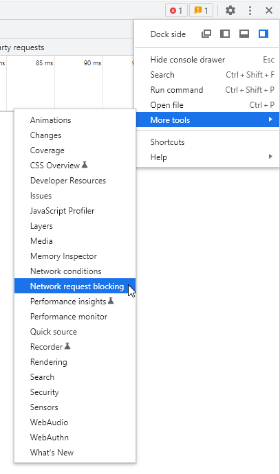 Screenshot of menus that appear - Chrome’s Dev Tools (F12) > More Tools > Network Request Blocking