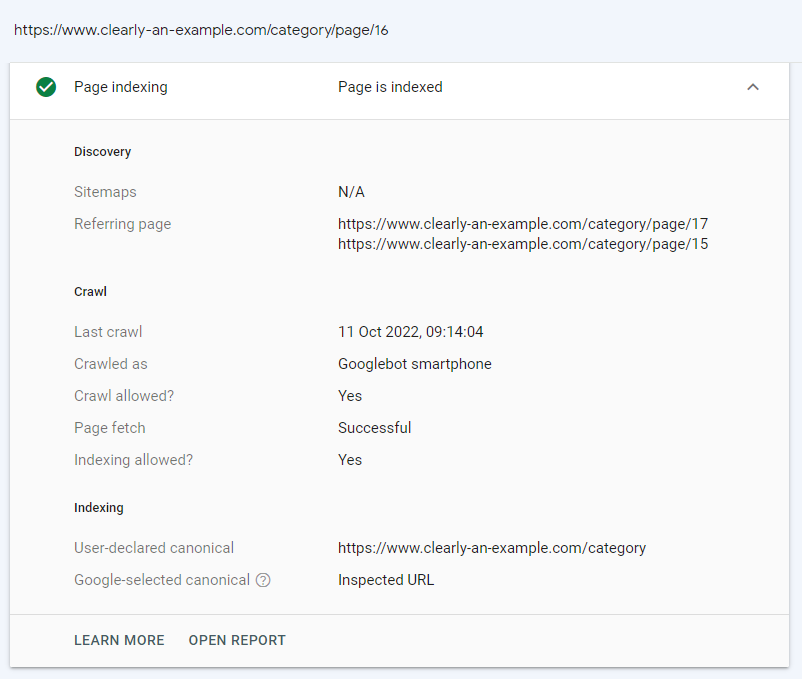 URL inspection tool showing that User-declared canonical (the category) does not match Google-selected canonical (which shows the inspected URL)