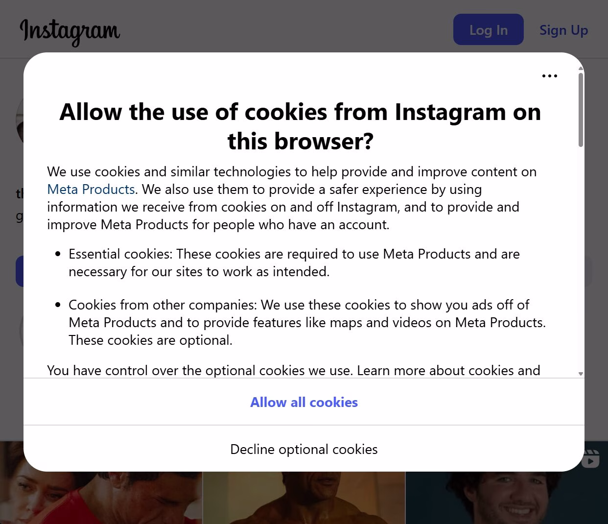 Instagram's cookie consent popup, with a greyed out background.
