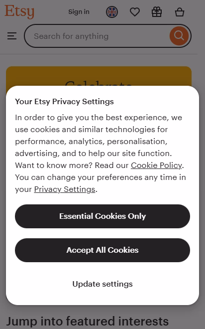 Etsy's cookie consent popup, with a greyed out background.